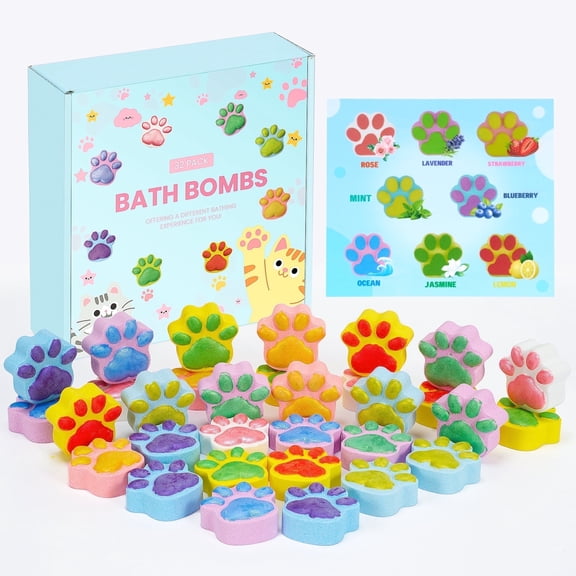 Bath Bomb Gift Set, 32 Pcs Natural Organic Cat Paw Bath Bombs with Rich Fizz,Shea & Coco Butter Dry Skin Moisturize,SPA Relaxing Gifts for Women & Men, Girls, Wife, Birthday