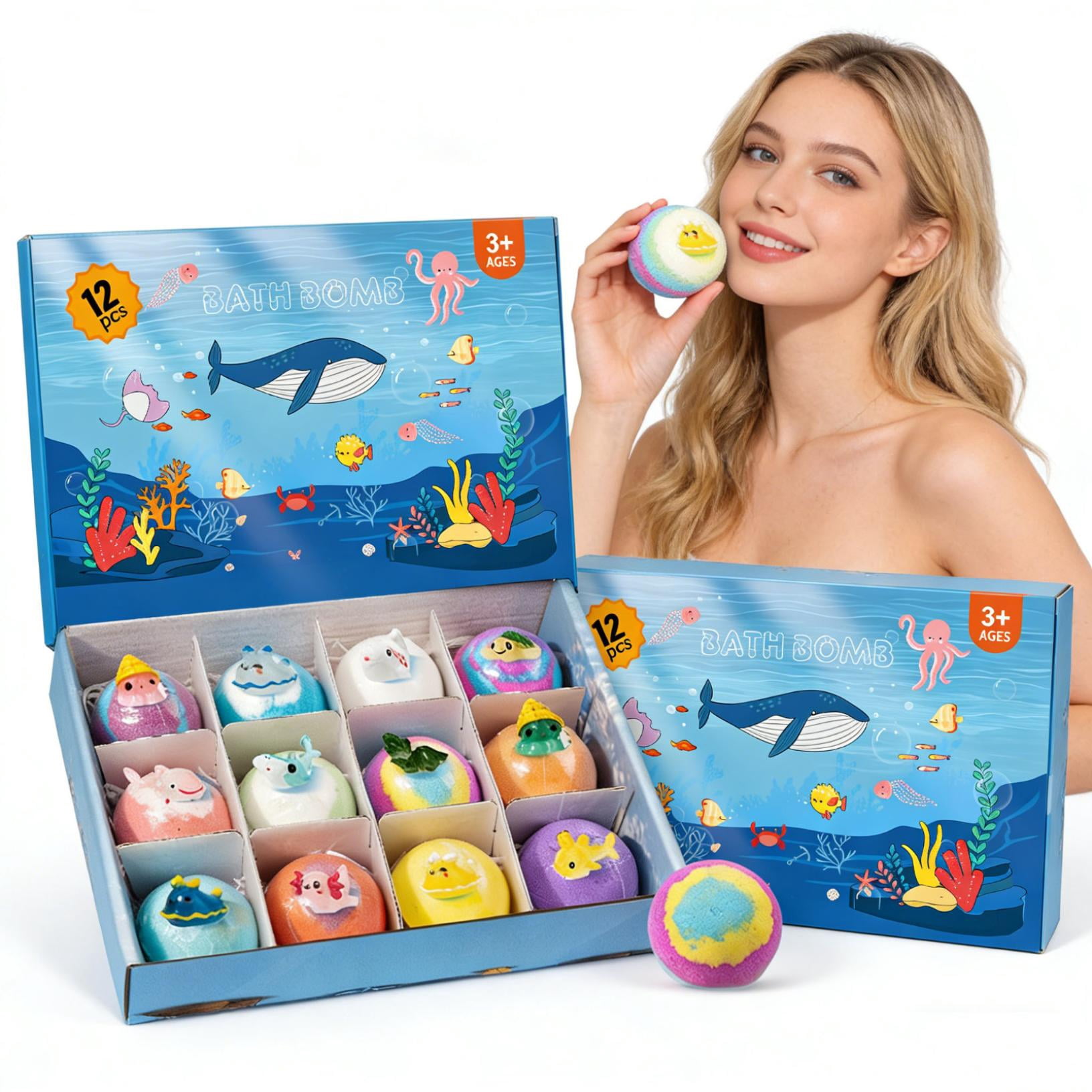 Bath Bomb With Surprise Inside,Bath Bomb Eggs,Bath Bombs with Surprise Inside, Bubbly Buddies Bath Bombs, Ocean Theme Bath Fizzies, Natural Sea Salt Color Changing Spa Bath Balls(12pcs/Set)