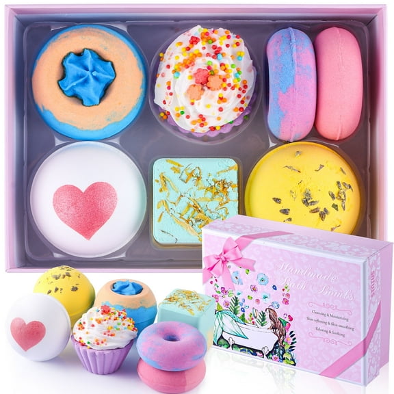 7 Pcs Bath Bombs Set, Nautal Handmade Bubble Bathbombs for Women Kids, Christmas Birthday Mothers Day Gifts for Her Mom Daughter, Pink