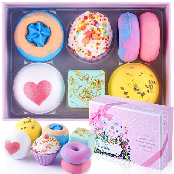 7 Pcs Bath Bombs for Women Kids, Handmade Safe Bubble Bath Set, Perfect Mother's Day Birthday Gifts for Her Mom Daughter, Pink