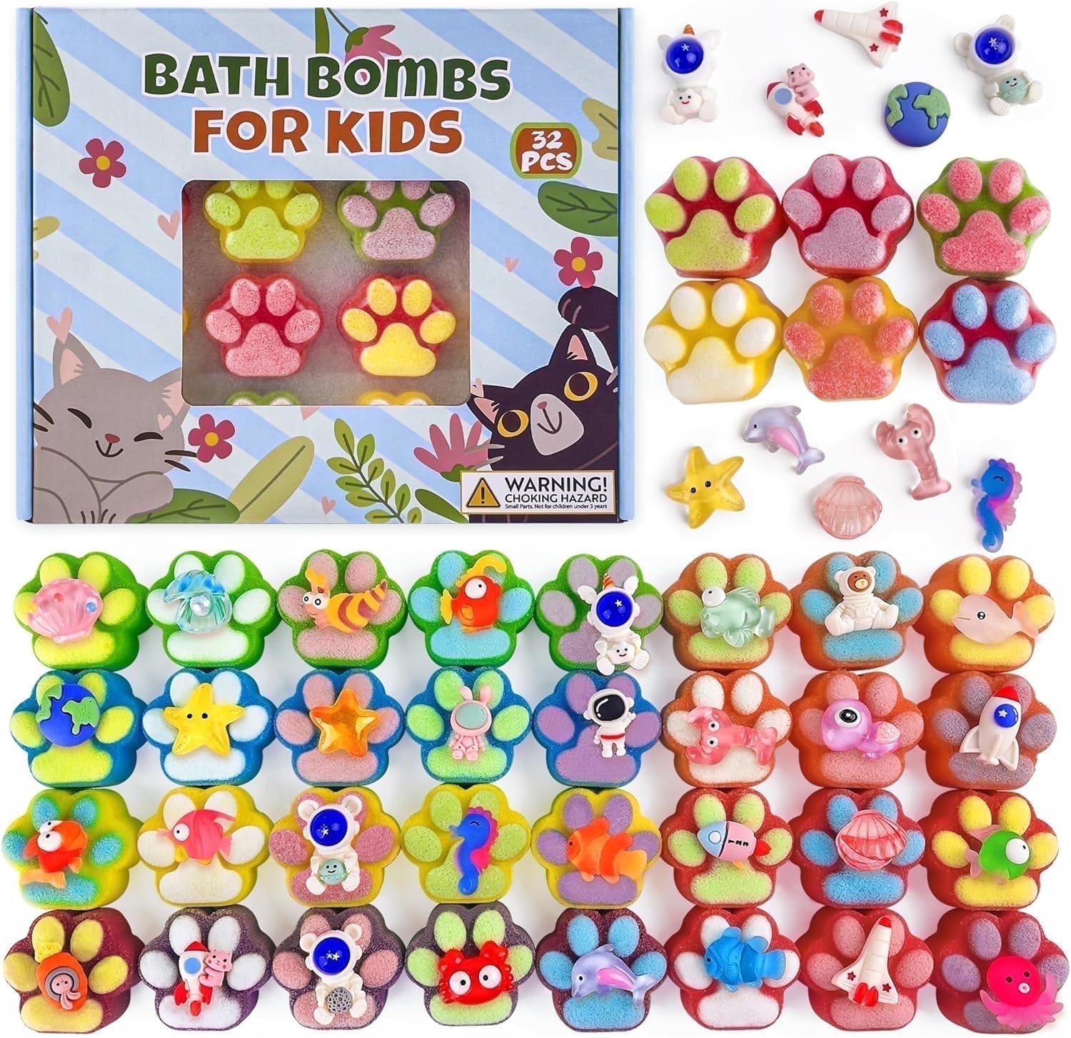Bath Bombs for Kids,32PCS Paw-Shape Bath Bombs with Ocean Animals and Space Planet Surprise Toy Inside, Natural Gift Set at Christmas, Birthday-PickMora