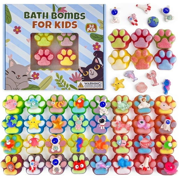 Bath Bombs for Kids,32PCS Paw-Shape Bath Bombs with Ocean Animals and Space Planet Surprise Toy Inside, Natural Gift Set at Christmas, Birthday-PickMora