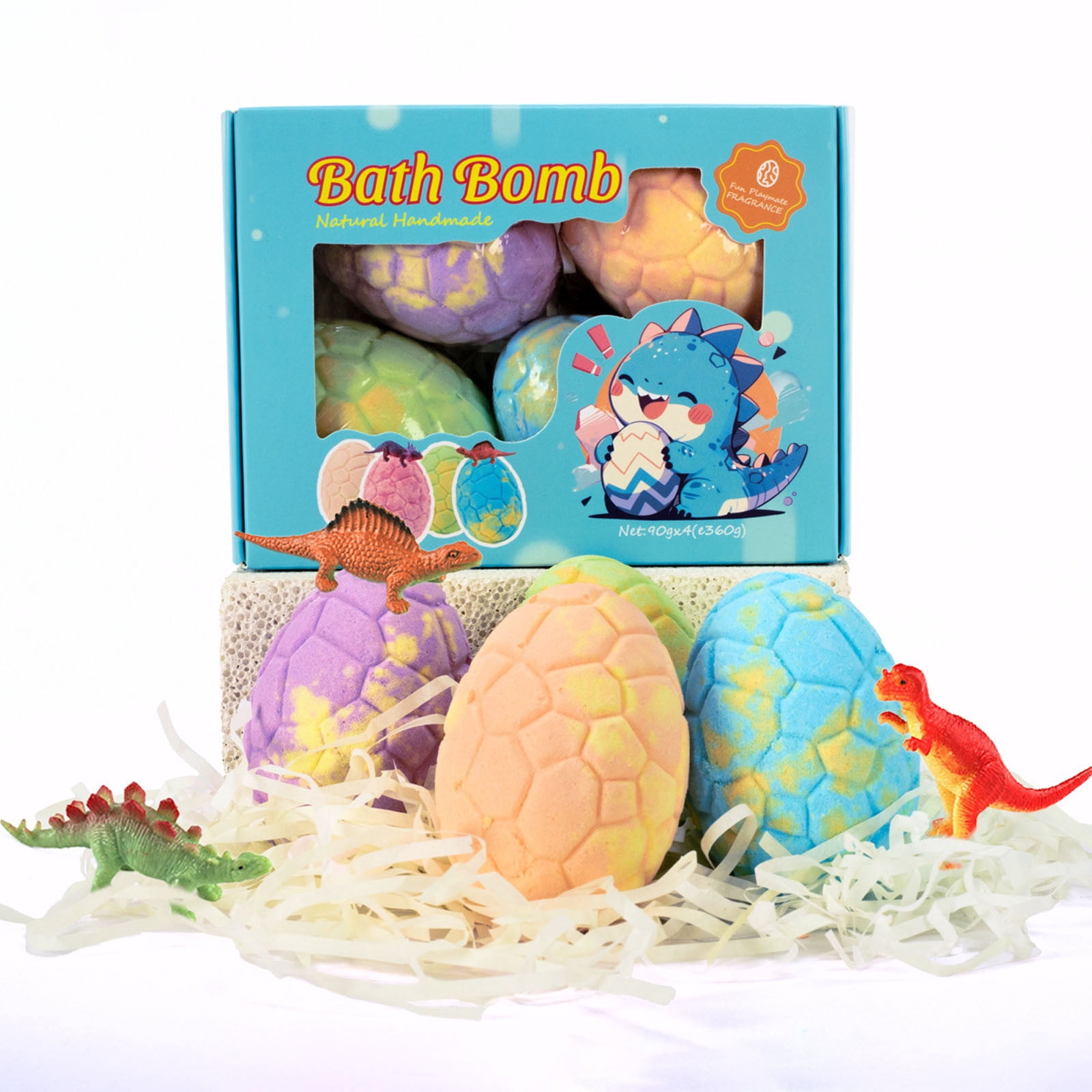 Bath Bombs for Kids with Surprise Toys Inside, 4 Pack Organic Dinosaur Bath Bombs Gift Set, Natural Dinosaur Egg Bubble Bath, Easter Gifts for Kids, Easter Basket Stuffers, Bubble Bath Toys
