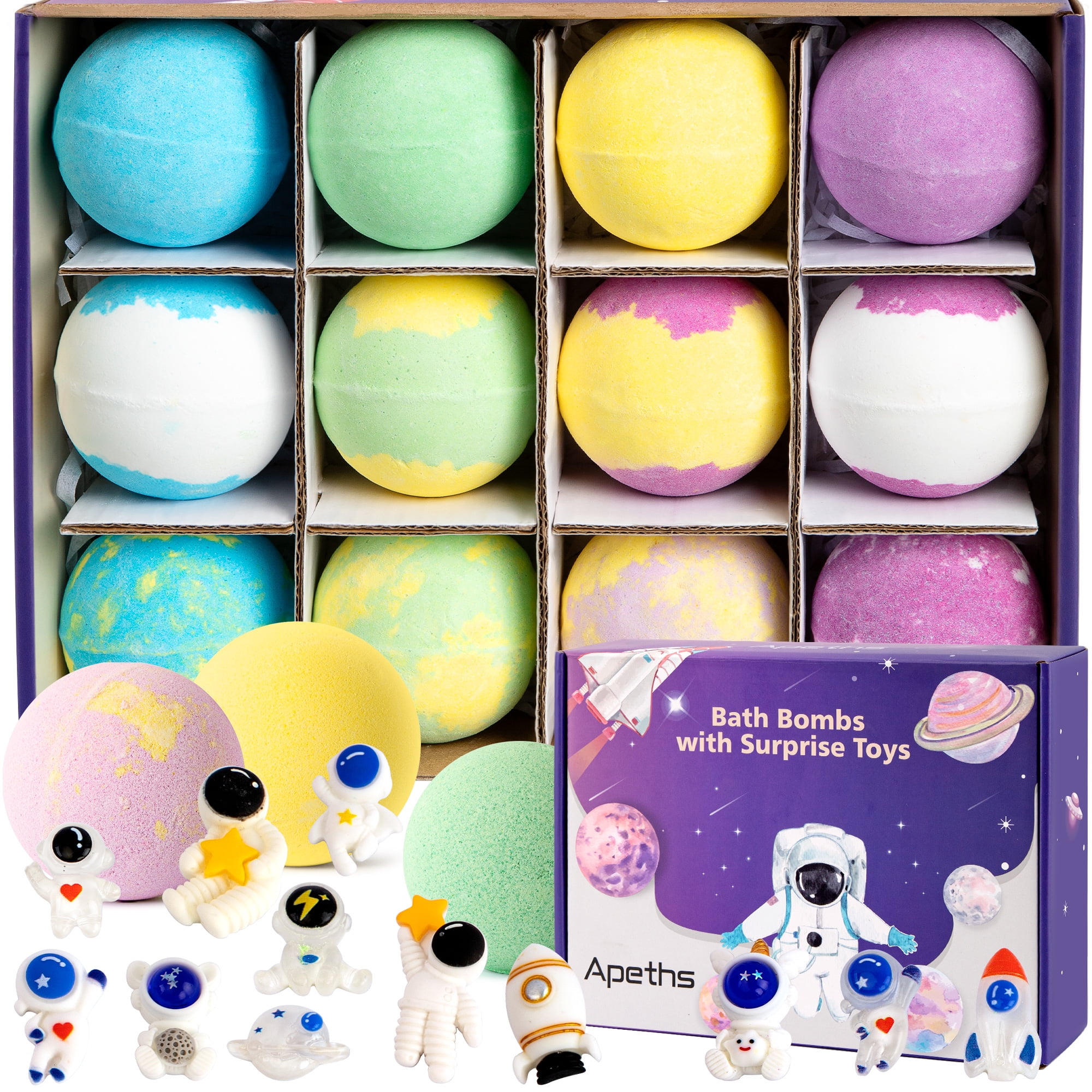 APETHS Kids Bath Bombs Set of 12 with Surprise Space Toys, Organic ...