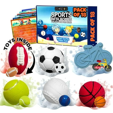 Bath Bombs with Toys Inside W/Flash Cards - Sports Bath Bombs for Kids - Gift Set of 18 Scented Organic Handmade - 2.5 oz with Natural Essential Oils - 18 Pack