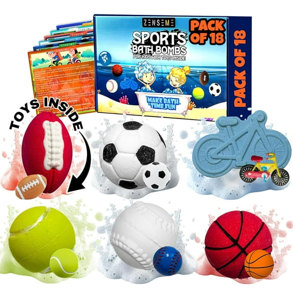 Bath Bombs with Toys Inside W/Flash Cards - Sports Bath Bombs for Kids - Gift Set of 18 Scented Organic Handmade - 2.5 oz with Natural Essential Oils - 18 Pack