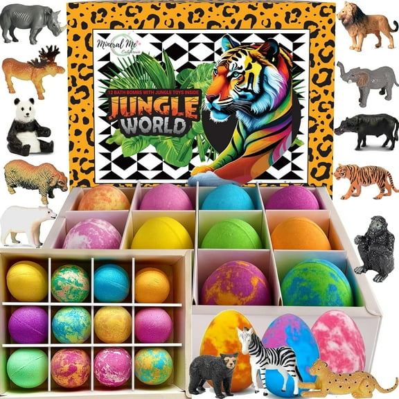 Bath Bombs for Kids with Surprise Inside, Kids Bath Bombs with Jungle Toys Inside, 12-Pack Organic Bath Bombs for Boys