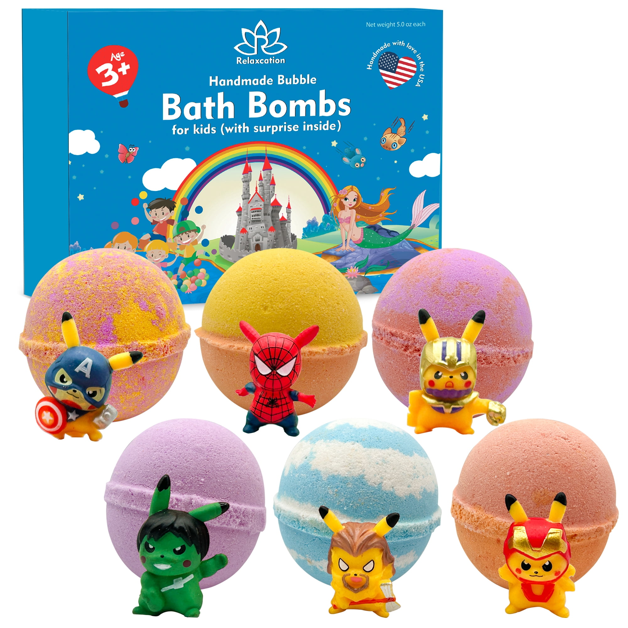 Bath Bombs for Kids with Surprise Inside Pica Hero Toys Handmade in USA Natural and Safe by Relaxcation