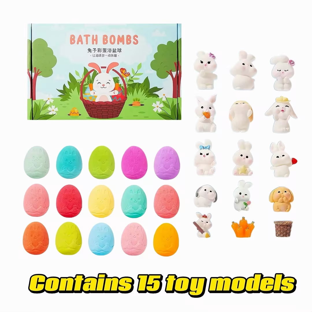 Bath Bombs with Surprise Toys Inside – 15 Pack Easter Egg Rabbit Theme, Color Changing Natural Bubble Bath Gift Set for Boys and Girls