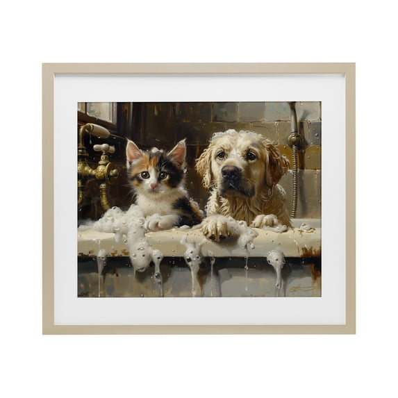 Bath Buddies Cat & Dog Birch Framed Print Under Glass, design by Shawna Stewart