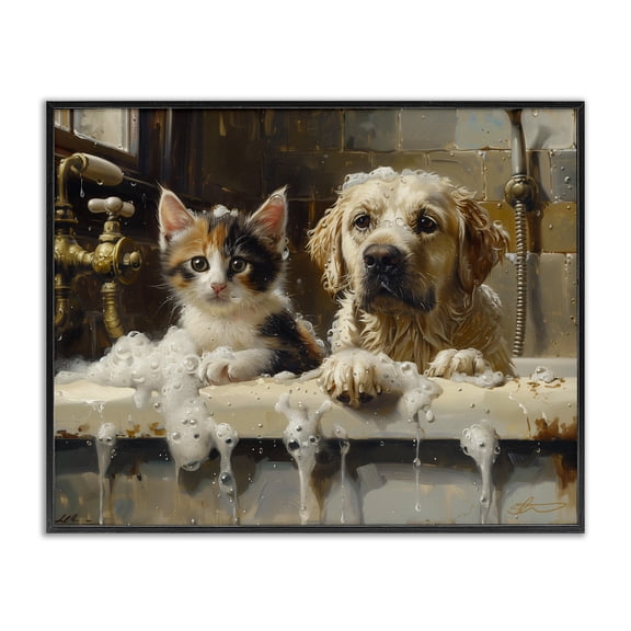 Bath Buddies Cat & Dog Black Framed Giclee Art, design by Shawna Stewart