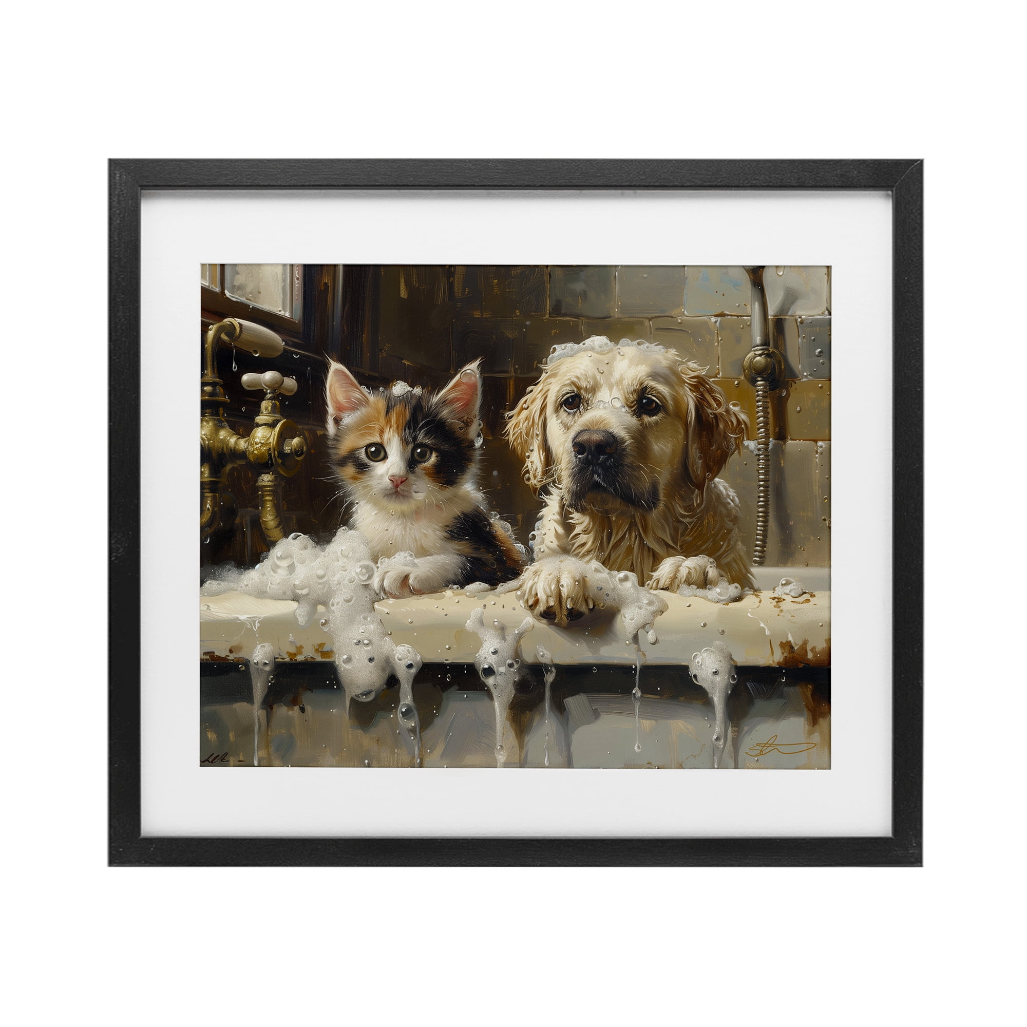 Bath Buddies Cat & Dog Black Framed Print Under Glass, design by Shawna Stewart