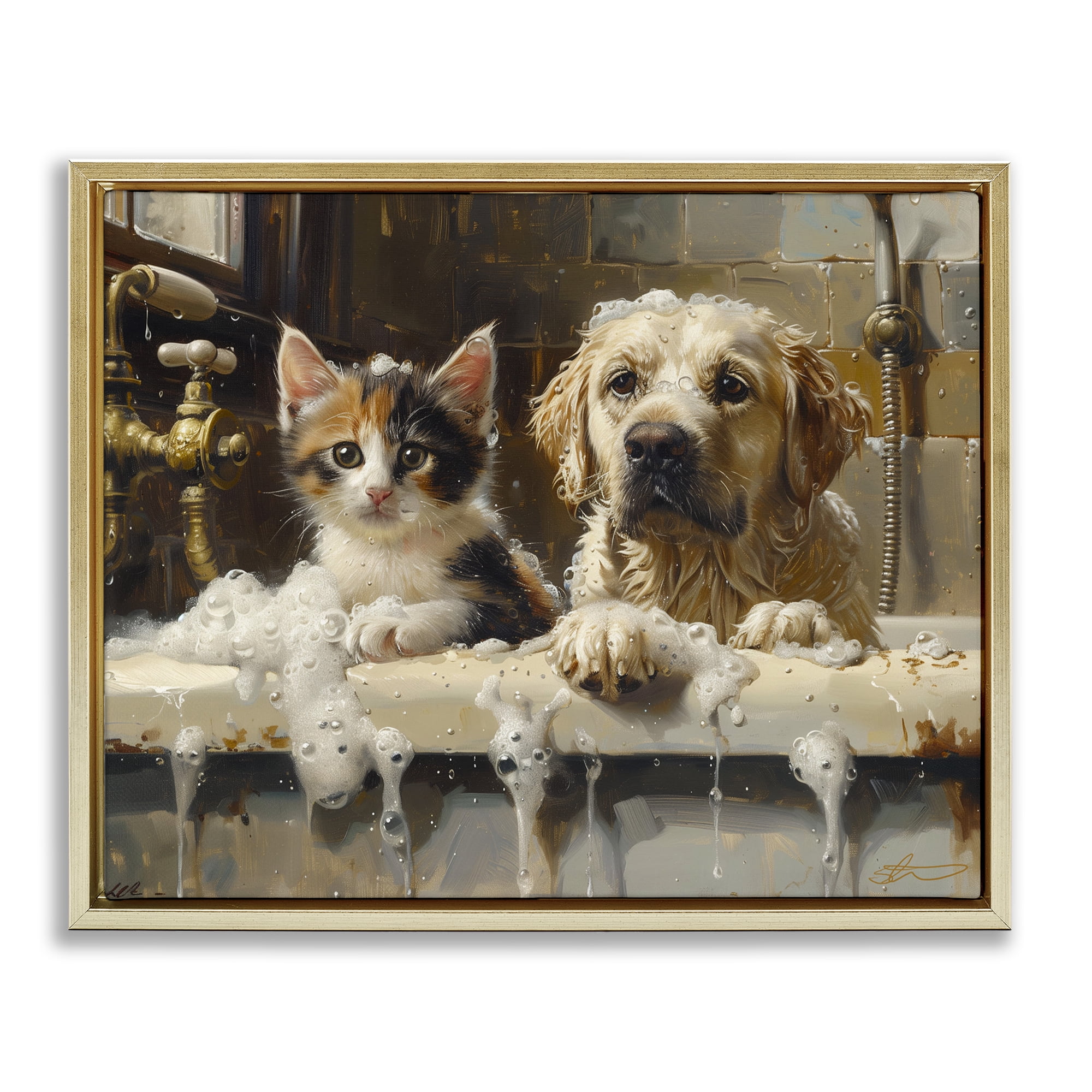 Bath Buddies Cat & Dog Gold Framed Floater Canvas Wall Art, design by Shawna Stewart