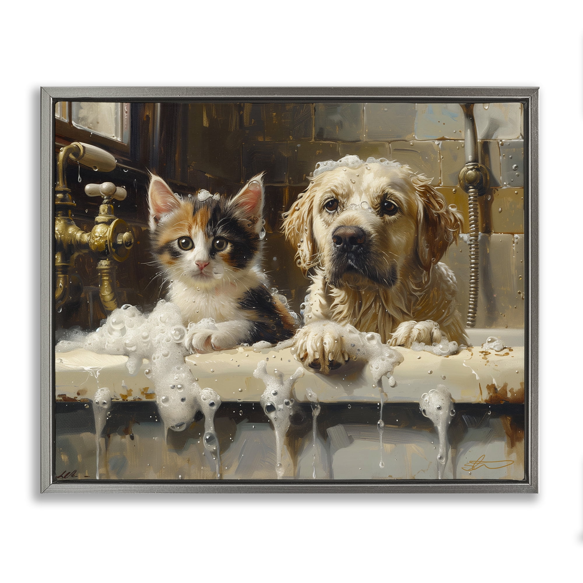 Bath Buddies Cat & Dog Gray Framed Floater Canvas Wall Art, design by Shawna Stewart