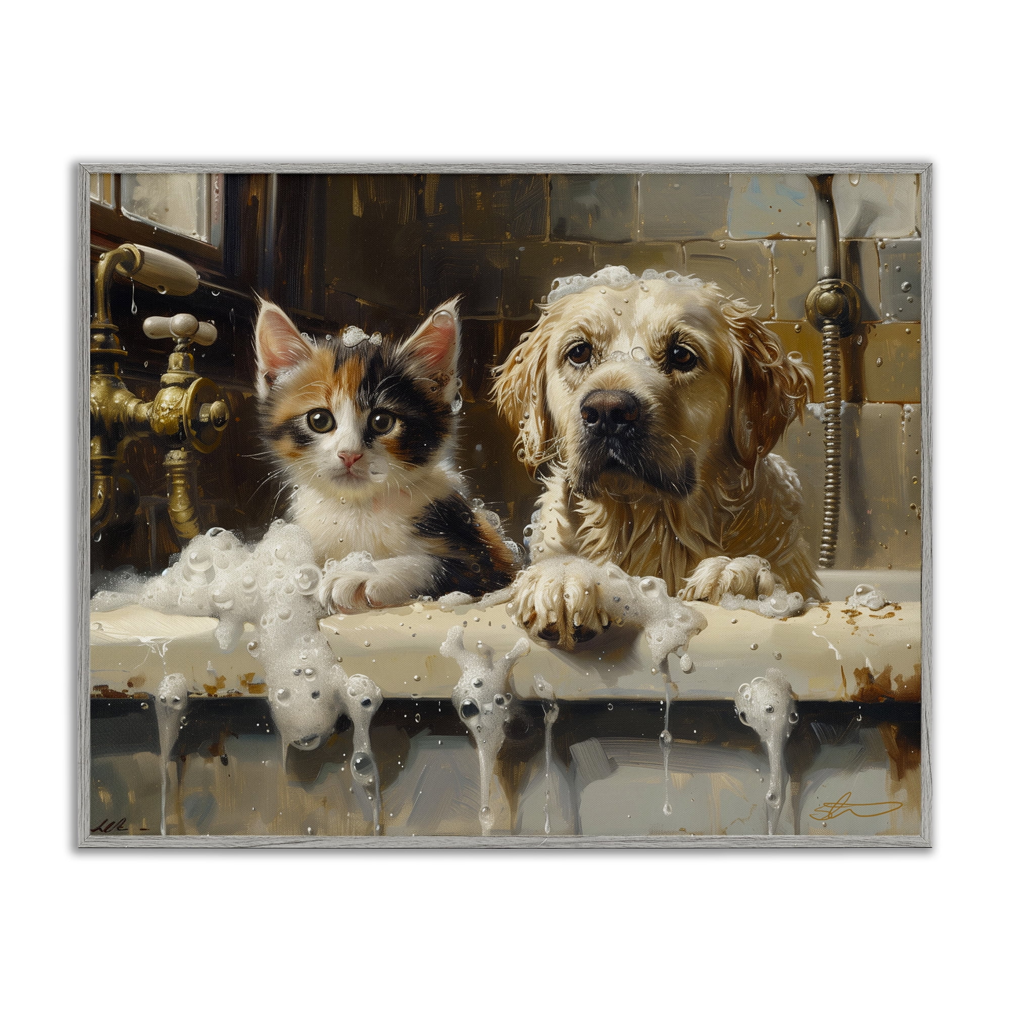 Bath Buddies Cat & Dog Gray Framed Giclee Art, design by Shawna Stewart