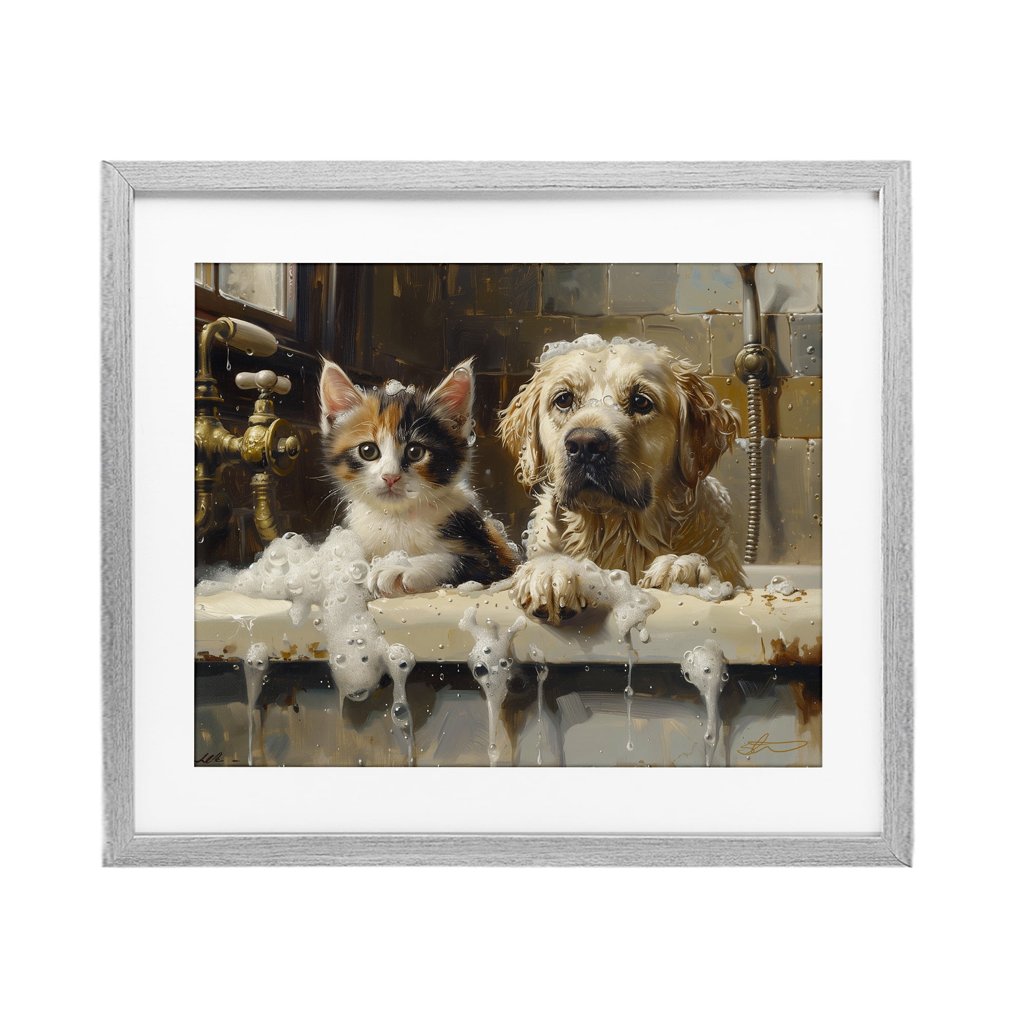 Bath Buddies Cat & Dog Gray Framed Print Under Glass, design by Shawna Stewart