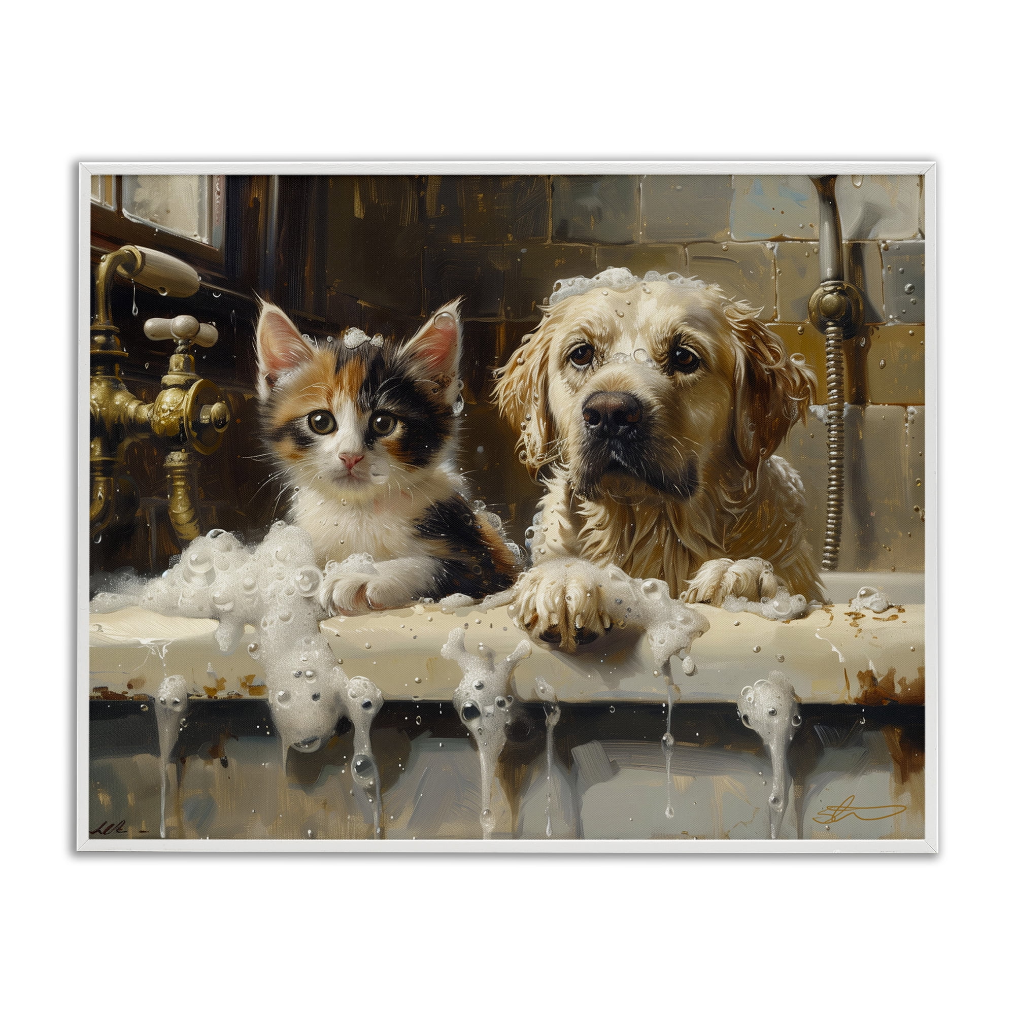 Bath Buddies Cat & Dog White Framed Giclee Art, design by Shawna Stewart