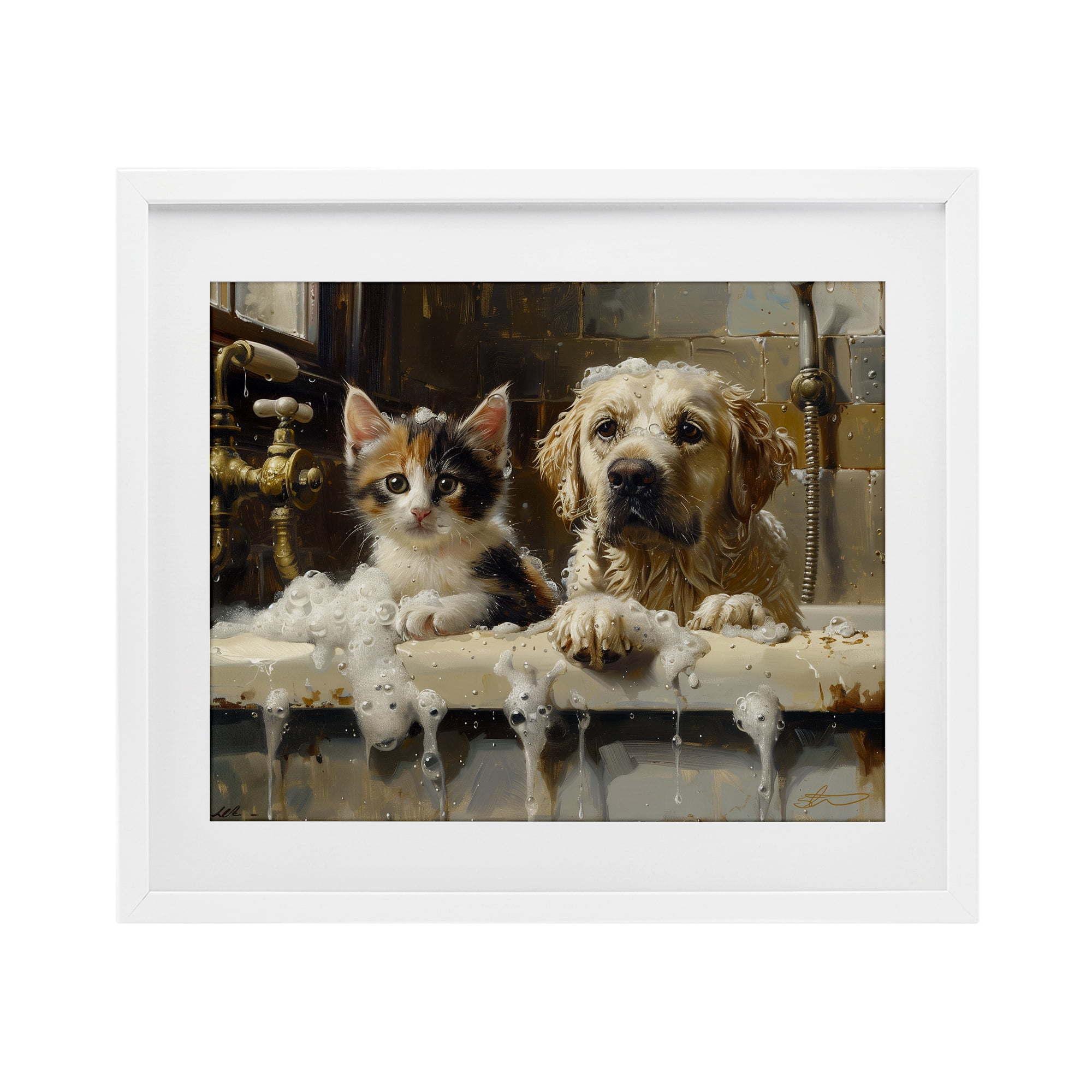 Bath Buddies Cat & Dog White Framed Print Under Glass, design by Shawna Stewart