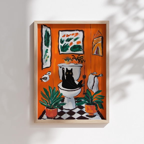 Bath Cat Print Matisse Funny Poster Pooping Print Orange Toilet Wall Art Bathroom Decor