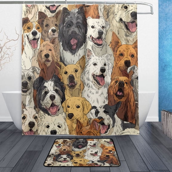 Bath Curtain & 60x72in Non-Slip Bath Mat Set 12-Grommet Shower Curtain Memory Foam Bath Rug A Large Group Of Dogs