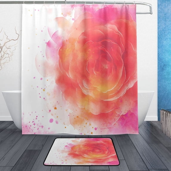 Bath Curtain & 60x72in Non-Slip Bath Mat Set 12-Grommet Shower Curtain Memory Foam Bath Rug Abstract Rose Watercolor Pattern