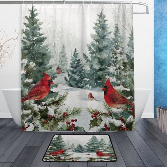 Bath Curtain & 60x72in Non-Slip Bath Mat Set 12-Grommet Shower Curtain Memory Foam Bath Rug Beautiful Winter Forest Painting