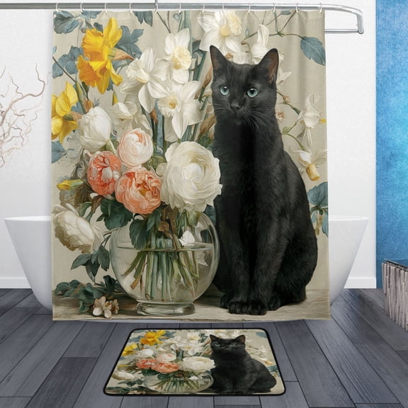 Bath Curtain & 60x72in Non-Slip Bath Mat Set 12-Grommet Shower Curtain Memory Foam Bath Rug Black Cat and Glass Vase