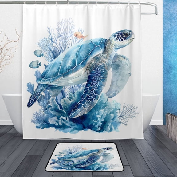 Bath Curtain & 60x72in Non-Slip Bath Mat Set 12-Grommet Shower Curtain Memory Foam Bath Rug Blue Sea Turtle Pattern