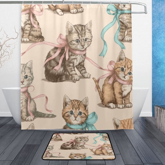 Bath Curtain & 60x72in Non-Slip Bath Mat Set 12-Grommet Shower Curtain Memory Foam Bath Rug Cat and Ribbon Pattern