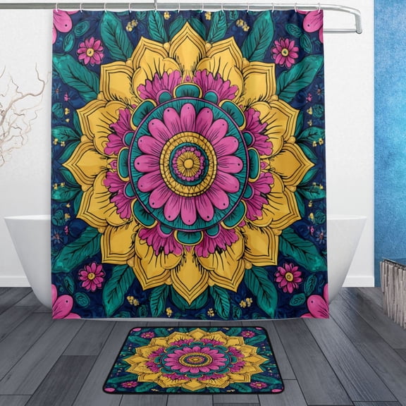 Bath Curtain & 60x72in Non-Slip Bath Mat Set 12-Grommet Shower Curtain Memory Foam Bath Rug Colorful Pattern Background Design
