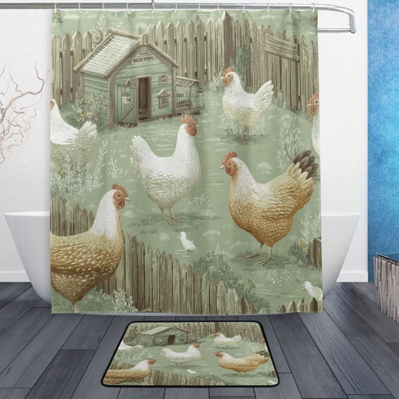 Bath Curtain & 60x72in Non-Slip Bath Mat Set 12-Grommet Shower Curtain Memory Foam Bath Rug Cute Chickens Illustration