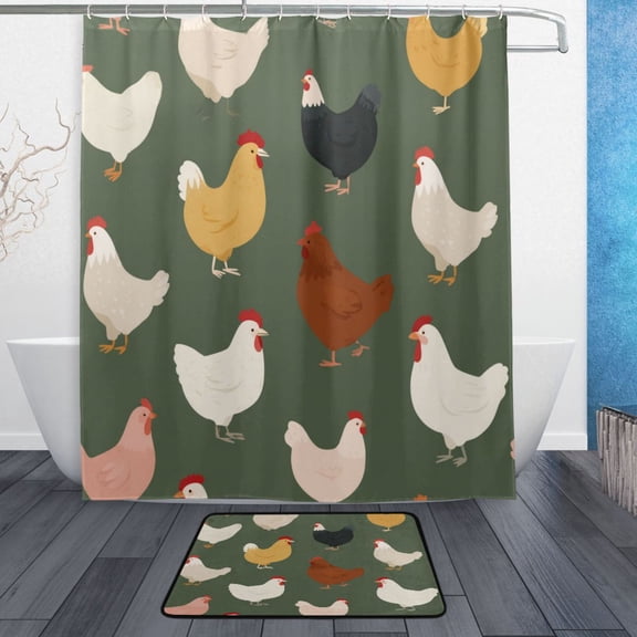 Bath Curtain & 60x72in Non-Slip Bath Mat Set 12-Grommet Shower Curtain Memory Foam Bath Rug Cute Colorful Chickens Pattern