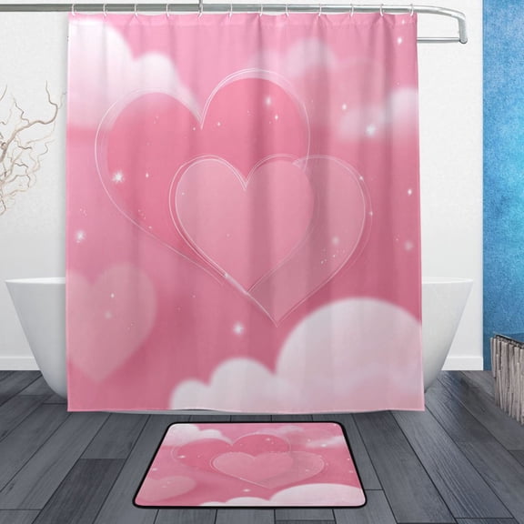Bath Curtain & 60x72in Non-Slip Bath Mat Set 12-Grommet Shower Curtain Memory Foam Bath Rug Pink Dreamy Heart