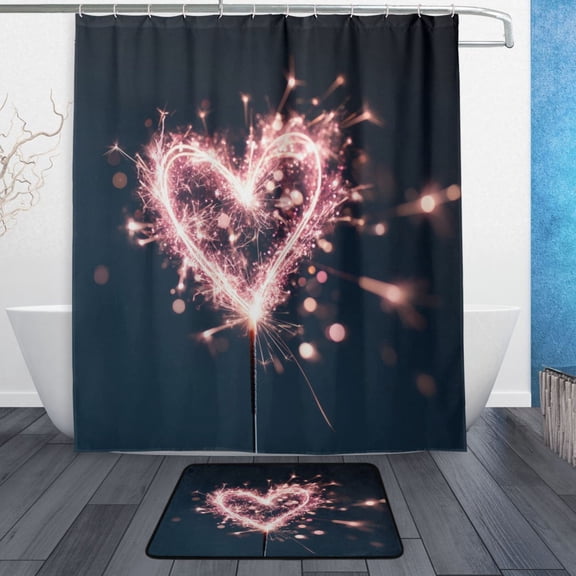 Bath Curtain & 60x72in Non-Slip Bath Mat Set 12-Grommet Shower Curtain Memory Foam Bath Rug Pink Heart-shaped Sparkler