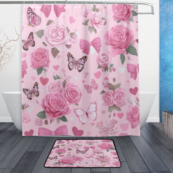 Bath Curtain & 60x72in Non-Slip Bath Mat Set 12-Grommet Shower Curtain Memory Foam Bath Rug Pink Roses and Butterflies