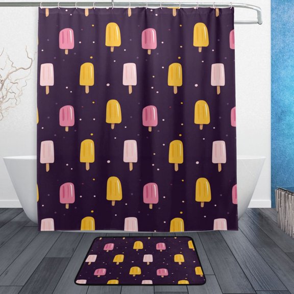 Bath Curtain & 60x72in Non-Slip Bath Mat Set 12-Grommet Shower Curtain Memory Foam Bath Rug Pink and Yellow Popsicle Pattern