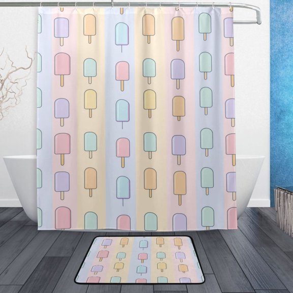 Bath Curtain & 60x72in Non-Slip Bath Mat Set 12-Grommet Shower Curtain Memory Foam Bath Rug Popsicle Pattern