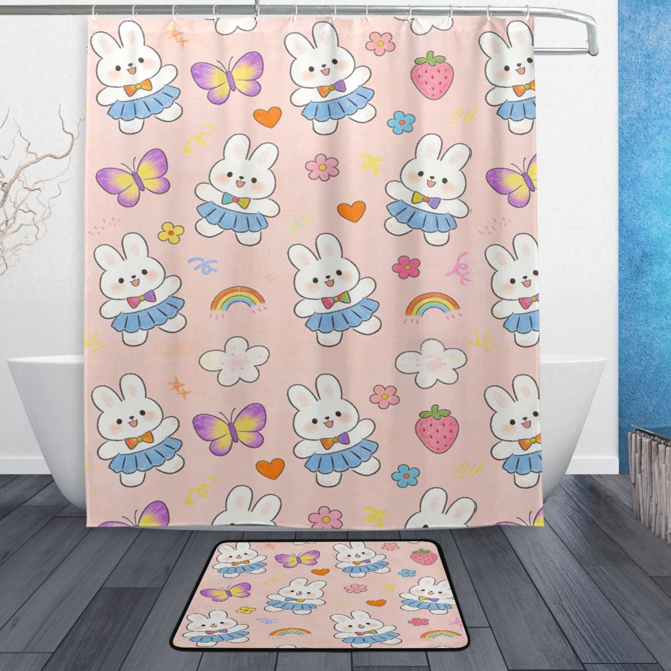 Bath Curtain & 60x72in Non-Slip Bath Mat Set 12-Grommet Shower Curtain ...