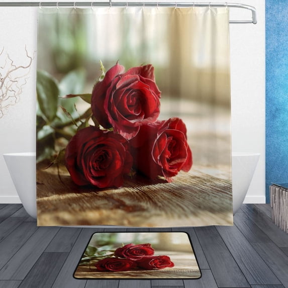 Bath Curtain & 60x72in Non-Slip Bath Mat Set 12-Grommet Shower Curtain Memory Foam Bath Rug Roses on Wooden Table