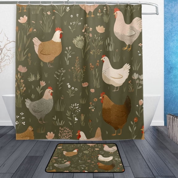Bath Curtain & 66x72in Non-Slip Bath Mat Set 12-Grommet Shower Curtain Memory Foam Bath Rug Chickens with Wildflowers and Grasses