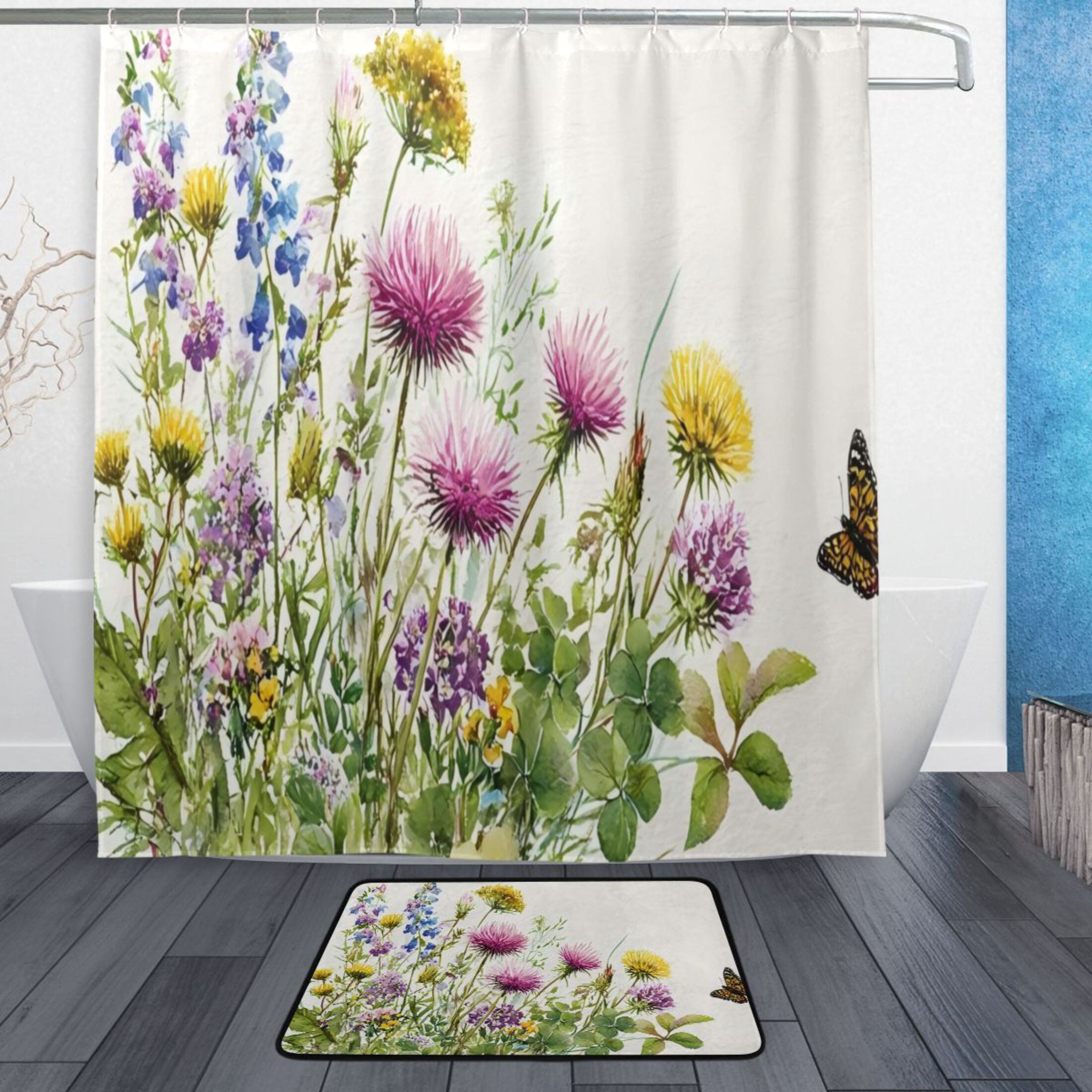 Bath Curtain & 66x72in Non-Slip Bath Mat Set 12-Grommet Shower Curtain ...