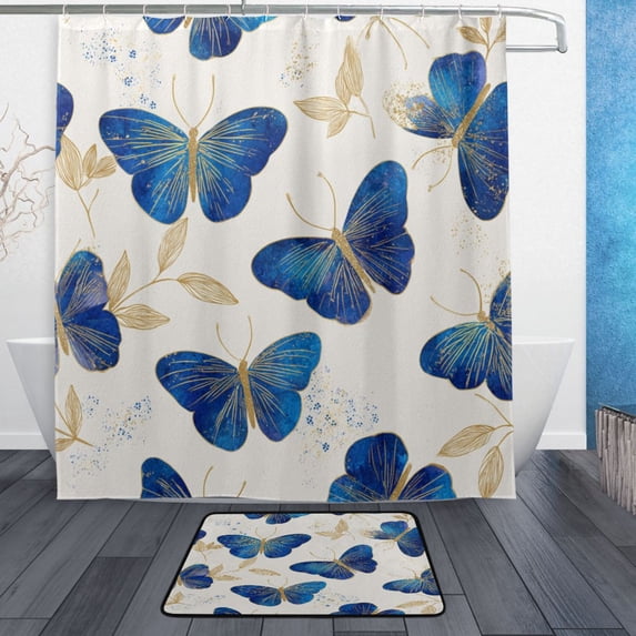 Bath Curtain & 66x72in Non-Slip Bath Mat Set 12-Grommet Shower Curtain Memory Foam Bath Rug Watercolor Blue Butterfly