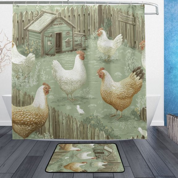 Bath Curtain & 72x72in Non-Slip Bath Mat Set 12-Grommet Shower Curtain Memory Foam Bath Rug Cute Chickens Illustration