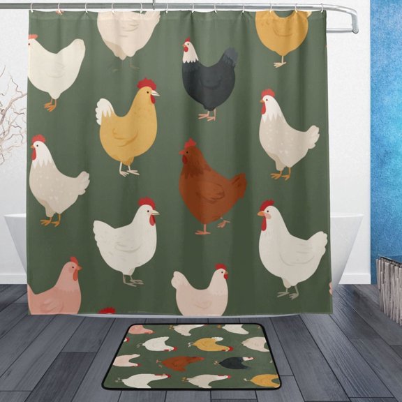 Bath Curtain & 72x72in Non-Slip Bath Mat Set 12-Grommet Shower Curtain Memory Foam Bath Rug Cute Colorful Chickens Pattern