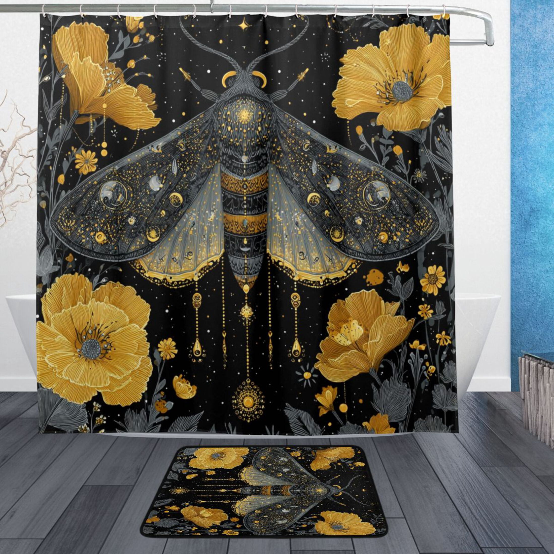 Bath Curtain & 72x72in Non-Slip Bath Mat Set 12-Grommet Shower Curtain ...