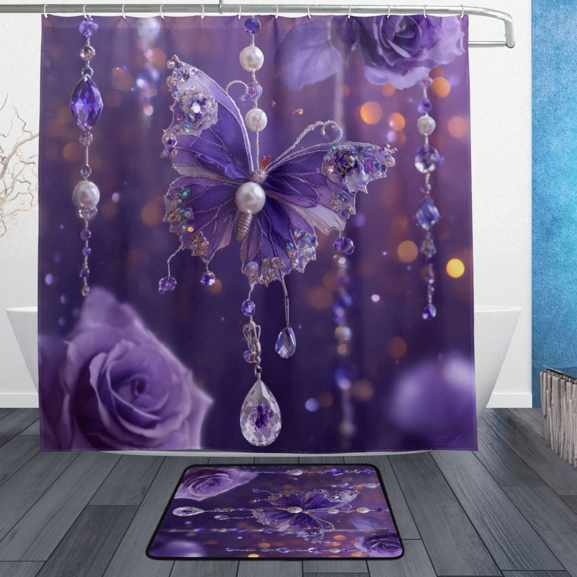 Bath Curtain & 72x72in Non-Slip Bath Mat Set 12-Grommet Shower Curtain ...