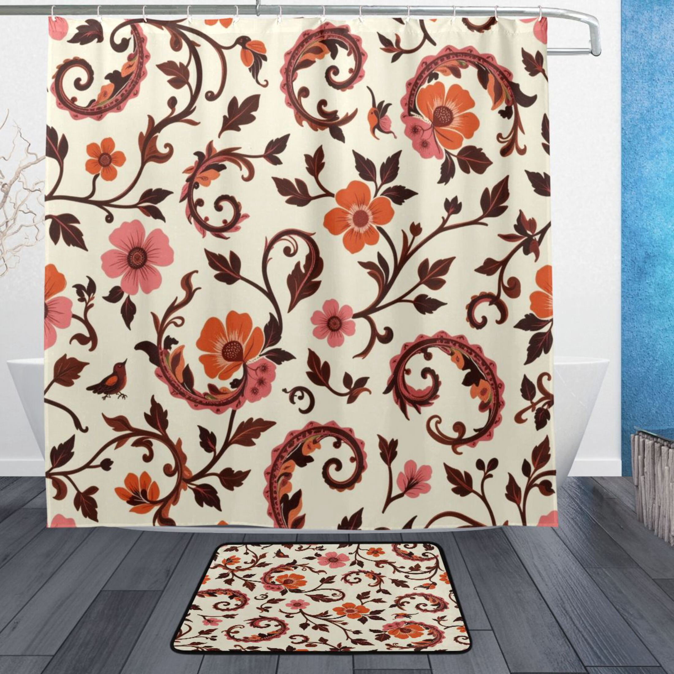 Bath Curtain & 72x72in Non-Slip Bath Mat Set 12-Grommet Shower Curtain ...