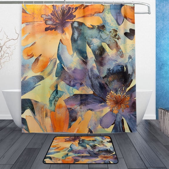 Bath Curtain & Non-Slip Bath Mat Set 12-Grommet Shower Curtain Memory Foam Bath Rug Abstract Watercolor Flower Painting