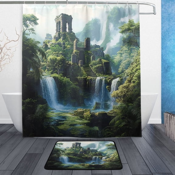 Bath Curtain & Non-Slip Bath Mat Set 12-Grommet Shower Curtain Memory Foam Bath Rug Ancient Ruins and Waterfalls