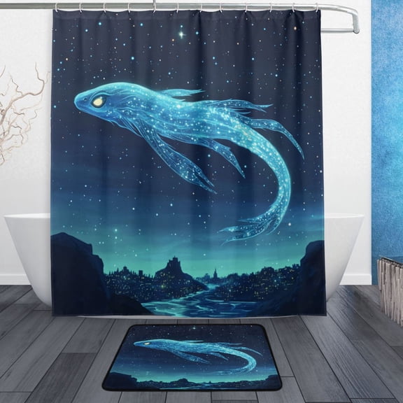 Bath Curtain & Non-Slip Bath Mat Set 12-Grommet Shower Curtain Memory Foam Bath Rug Ancient Sea Creature